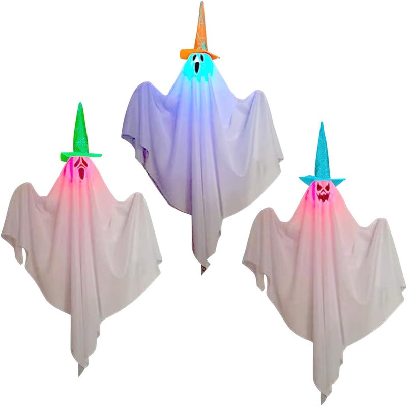 klarako Halloween Decorations, 3 PCS Light Up Ghost, Outdoor Decor Hanging Lighted Glowing Ghost with Witch Hat, Halloween Outdoor Indoor Wind Sock Ornaments for Yard Tree Garden Halloween Party Favors - Image 5