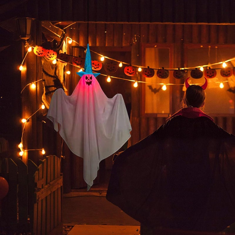 klarako Halloween Decorations, 3 PCS Light Up Ghost, Outdoor Decor Hanging Lighted Glowing Ghost with Witch Hat, Halloween Outdoor Indoor Wind Sock Ornaments for Yard Tree Garden Halloween Party Favors - Image 3