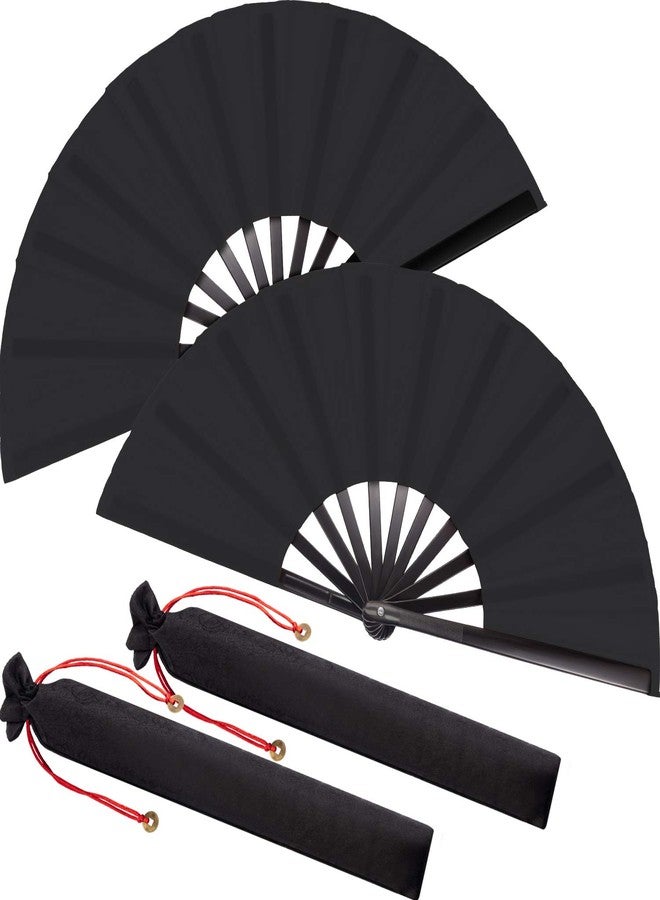 Maitys 2 Packs Large Folding Hand Fans 13'' Chinese Handheld Fan Large Clap Fans for Line Dancing, Tai Chi, Festival, Kung Fu, Martial Art, Gift, Includes 2 Pouch (Black) - Image 1