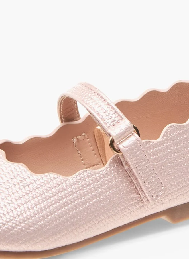 جونيورز Girls Scallop Detail Ballerina Shoes with Hook and Loop Closure