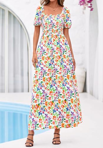 BTFBM Summer Maxi Dresses for Women Wedding Guest Spring Floral Boho Short Sleeve Smocked Beach Graduation Dress 2026(Floral Light Green Multi, Large) - Image 5