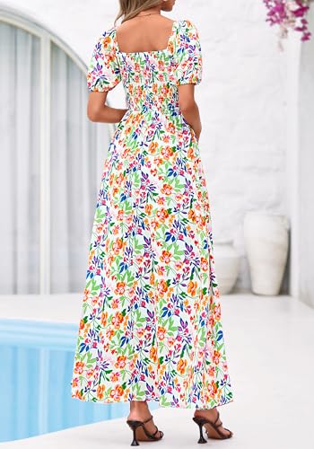 BTFBM Summer Maxi Dresses for Women Wedding Guest Spring Floral Boho Short Sleeve Smocked Beach Graduation Dress 2026(Floral Light Green Multi, Large) - Image 3
