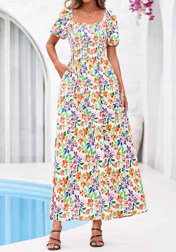 BTFBM Summer Maxi Dresses for Women Wedding Guest Spring Floral Boho Short Sleeve Smocked Beach Graduation Dress 2026(Floral Light Green Multi, Large) - Image 4