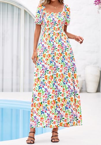 BTFBM Summer Maxi Dresses for Women Wedding Guest Spring Floral Boho Short Sleeve Smocked Beach Graduation Dress 2026(Floral Light Green Multi, Large) - Image 2