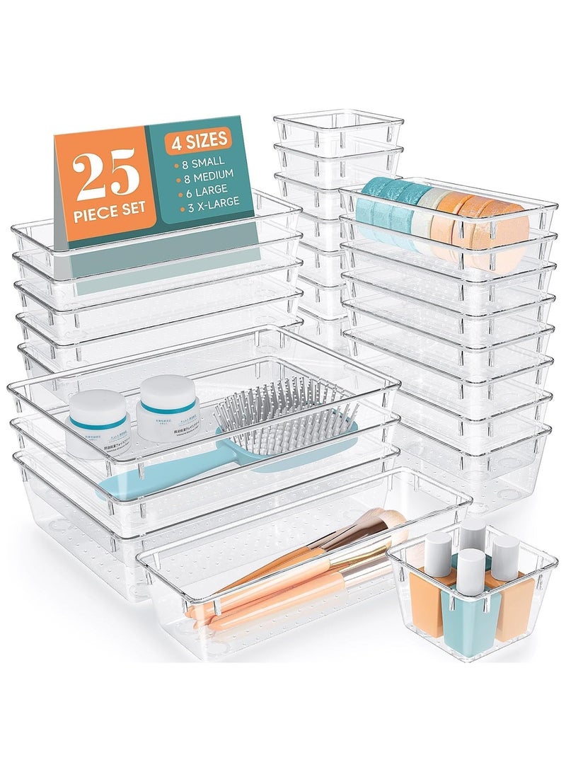 مجموعة من 25 منظمًا لأدراج المكتب، 4 صناديق تخزين بلاستيكية بأدراج، مناسبة للمطبخ والحمام وغرفة النوم والمكتب والأواني وأدوات التجميل والمجوهرات والأدوات الإلكترونية (شفافة) - Image 1