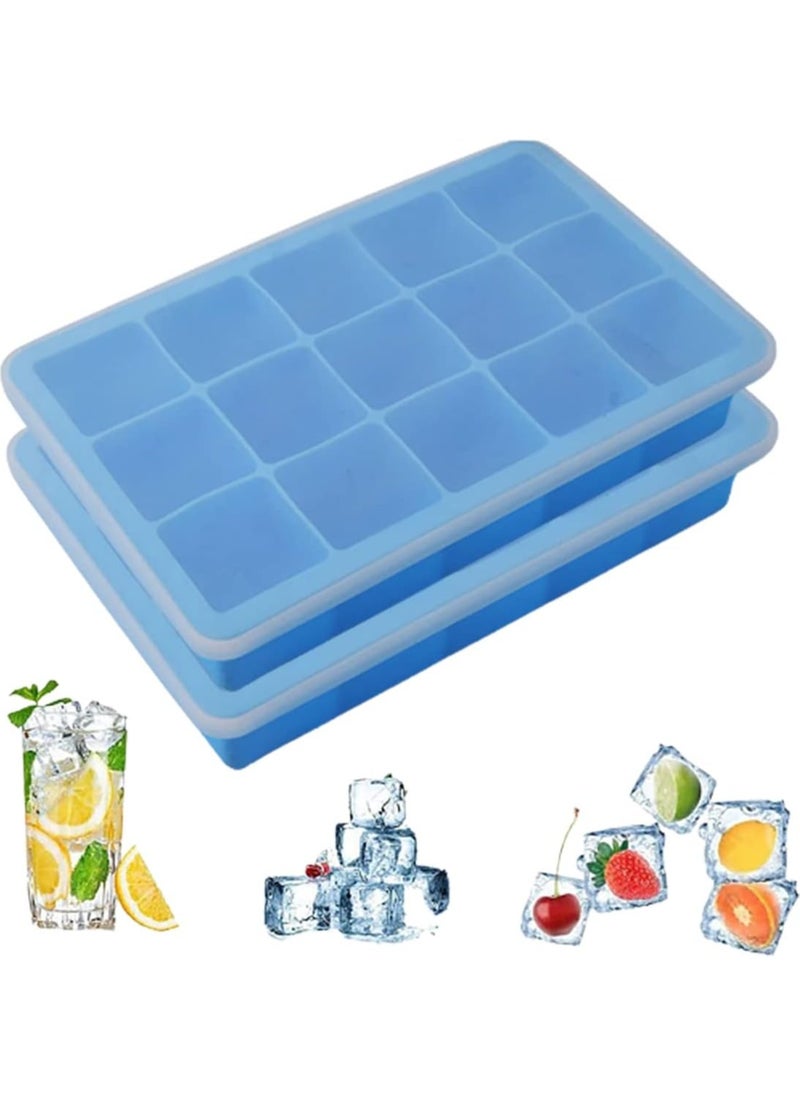 Beauenty Silicone Ice Cube Tray, 2Pcs Reusable Square Ice Cube Molds for Water, Juice, Cocktails, Beverages, Jelly, Flexible and Easy to Release Molds (Blue)  - Image 1