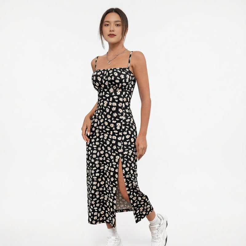 Women's Adjustable Strap Daisy Print Wrap Midi Dress - Image 1