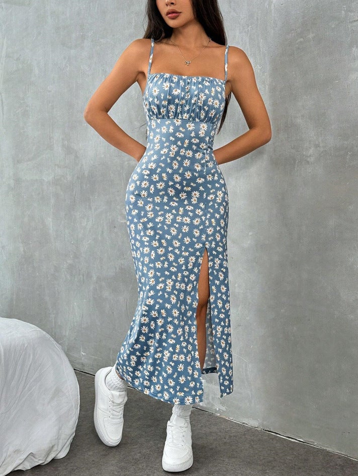 Women's Adjustable Strap Daisy Print Wrap Midi Dress - Image 2