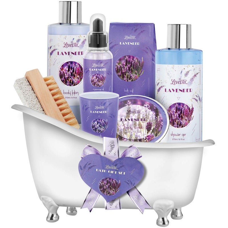 Monthers Day Gifts Relaxing Lavender Spa Gift Baskets for Wome Birthday Bath and Body SetKit Includes Candle Essential Oil Body Scrub Bath Salt Body Lotion Shower Gel and Body Scrub Brush
