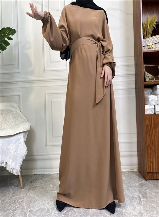 Loquat Casual Elegant Lace-Up Dress Abaya Beige  - Image 1