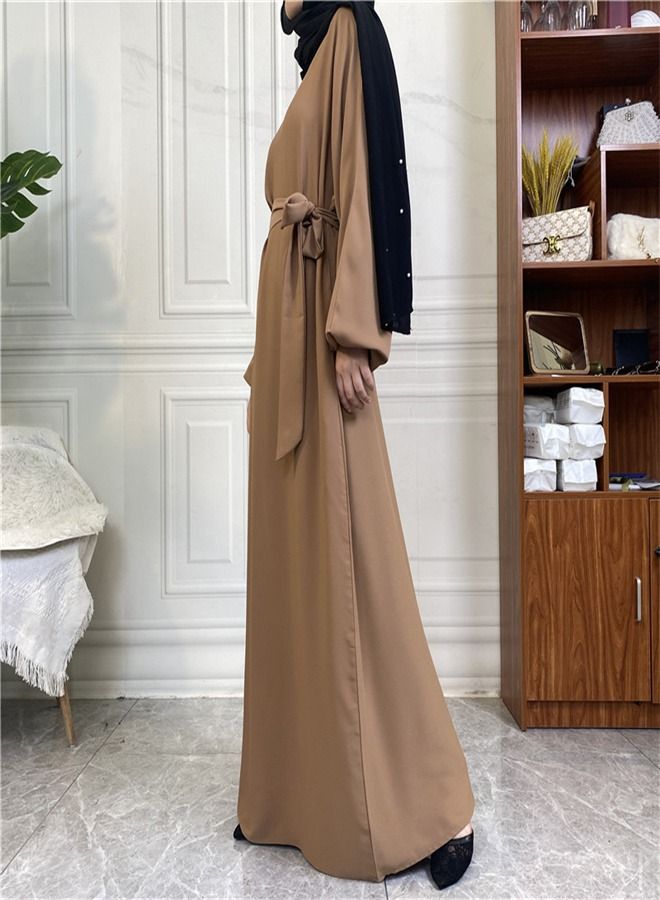 Loquat Casual Elegant Lace-Up Dress Abaya Beige  - Image 2