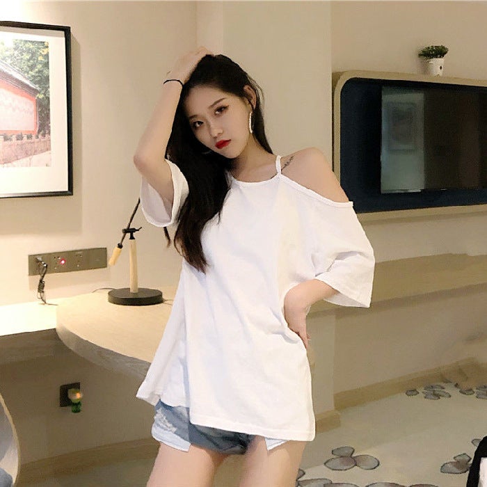 Internet Celebrity T-Shirt For Women Korean Style Versatile Short Sleeve Trendy Loose Off-Shoulder T-Shirt For Women - Image 1