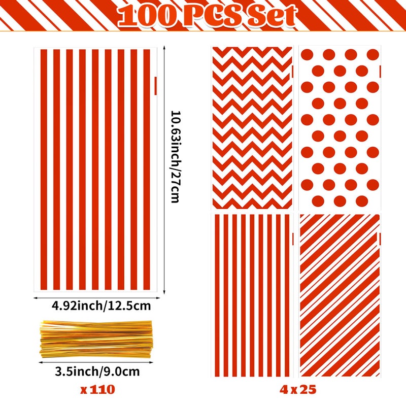 ZYLOP Christmas Cellophane Treat Bags - 100Pcs Plastic Red Stripe Wave Dot Christmas Candy Goodie Bags With 110Pcs Red Twist Ties For Valentine  Birthday  Gift Cookie Snack Packing Party Favor Supplies - Image 2