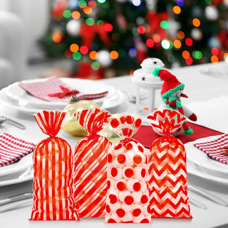 ZYLOP Christmas Cellophane Treat Bags - 100Pcs Plastic Red Stripe Wave Dot Christmas Candy Goodie Bags With 110Pcs Red Twist Ties For Valentine  Birthday  Gift Cookie Snack Packing Party Favor Supplies - Image 5