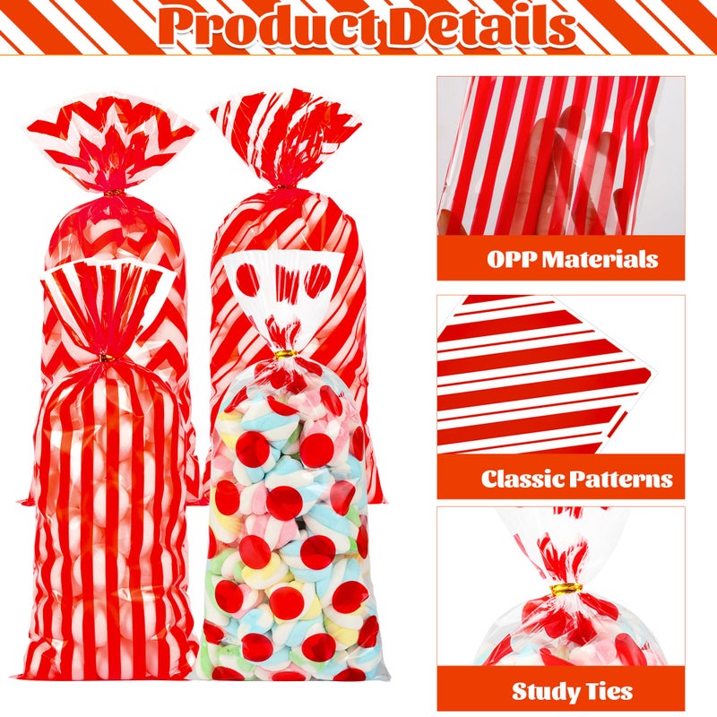 ZYLOP Christmas Cellophane Treat Bags - 100Pcs Plastic Red Stripe Wave Dot Christmas Candy Goodie Bags With 110Pcs Red Twist Ties For Valentine  Birthday  Gift Cookie Snack Packing Party Favor Supplies - Image 3