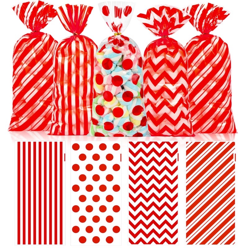 ZYLOP Christmas Cellophane Treat Bags - 100Pcs Plastic Red Stripe Wave Dot Christmas Candy Goodie Bags With 110Pcs Red Twist Ties For Valentine  Birthday  Gift Cookie Snack Packing Party Favor Supplies - Image 1