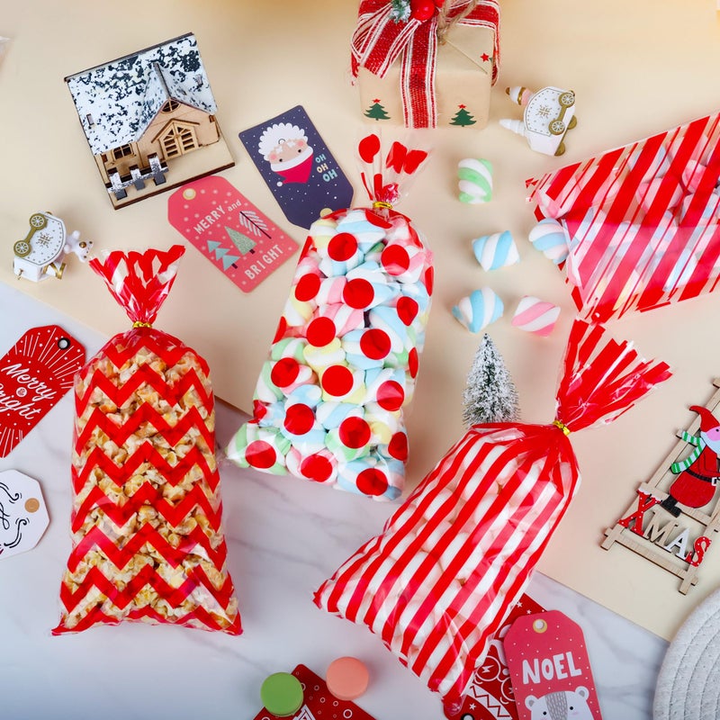ZYLOP Christmas Cellophane Treat Bags - 100Pcs Plastic Red Stripe Wave Dot Christmas Candy Goodie Bags With 110Pcs Red Twist Ties For Valentine  Birthday  Gift Cookie Snack Packing Party Favor Supplies - Image 4