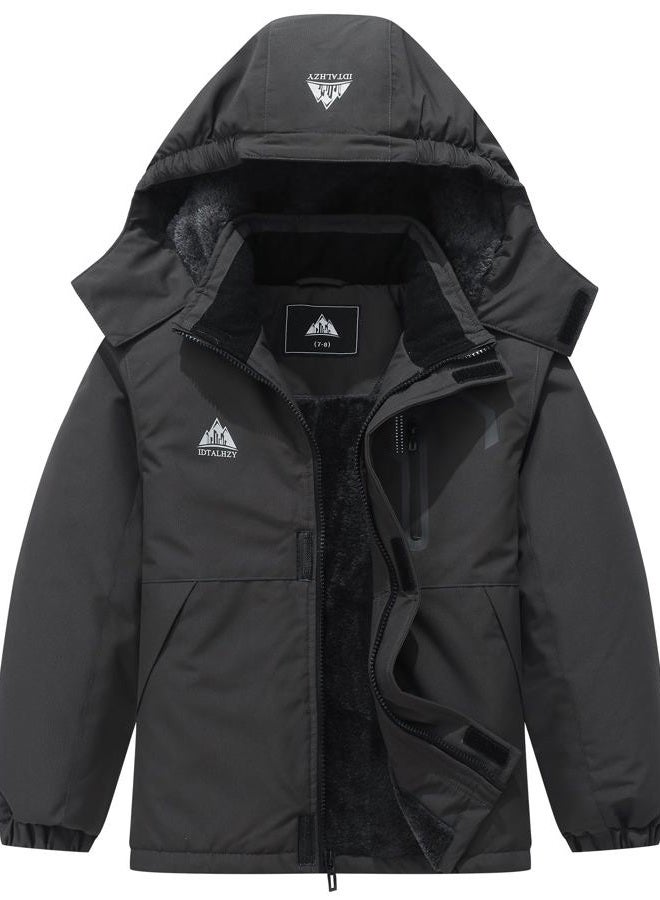 IDTALHZY Waterproof Kids Ski Jacket Boys and Girls Winter Fleece Snowboarding Coat with Detachable Hood, Dark Grey, 13-14 - Image 1