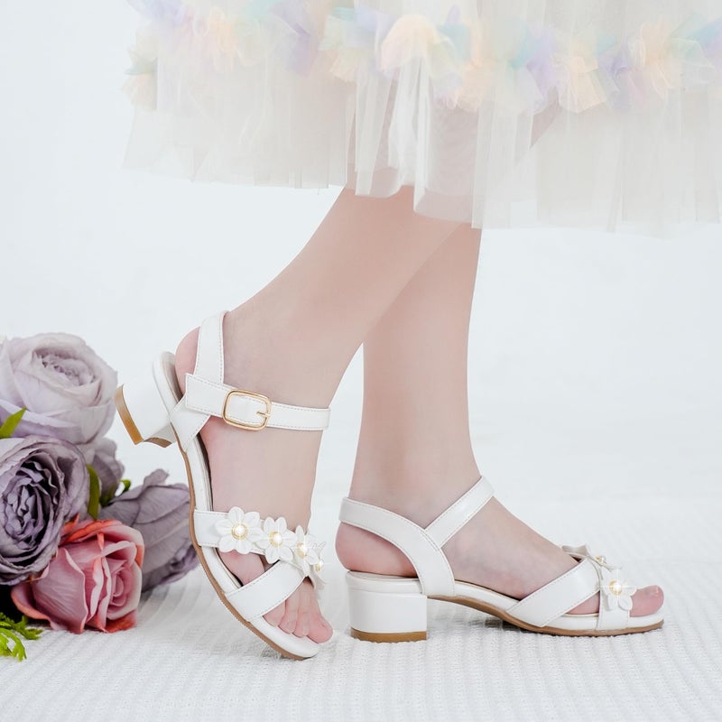 LAURMOSA Girls White Dress Shoes for Toddler Kids High Heels First Communion Church Shoes Easter Flower Girl Dress Sandals Size 2 Wedding Party Tween Fancy Heels(L100302PuWhite 2) - Image 2