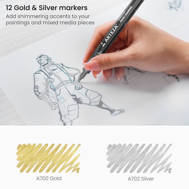ARTEZA Acrylic Paint Markers, Set of 12 Metallic Marker Pens, 6 Gold and 6 Silver, Extra-Fine Nibs, 15mm, Blendable, for Stone, Glass, Wood, Ceramics - Image 3