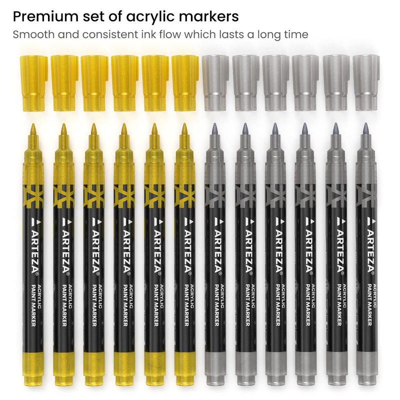 ARTEZA Acrylic Paint Markers, Set of 12 Metallic Marker Pens, 6 Gold and 6 Silver, Extra-Fine Nibs, 15mm, Blendable, for Stone, Glass, Wood, Ceramics - Image 2