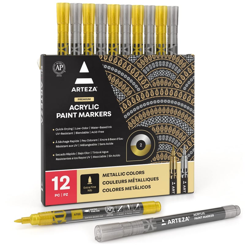 ARTEZA Acrylic Paint Markers, Set of 12 Metallic Marker Pens, 6 Gold and 6 Silver, Extra-Fine Nibs, 15mm, Blendable, for Stone, Glass, Wood, Ceramics - Image 1