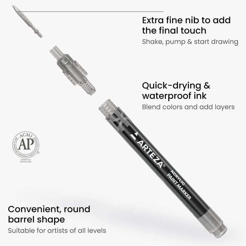 ARTEZA Acrylic Paint Markers, Set of 12 Metallic Marker Pens, 6 Gold and 6 Silver, Extra-Fine Nibs, 15mm, Blendable, for Stone, Glass, Wood, Ceramics - Image 4