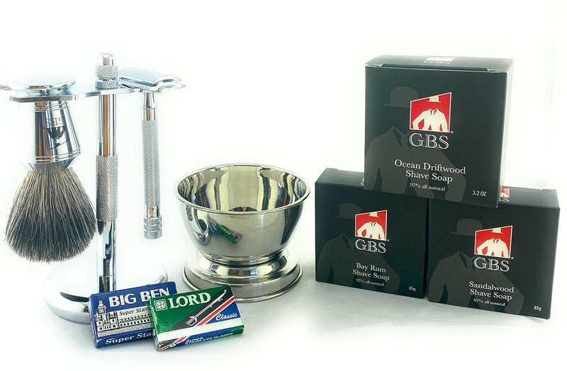 GBS Mens Grooming Kit DE Safety Razor MK 23 Badger Brush Chrome Brush And Razor Stand Chrome Bowl 3 Natural Shave Soaps Includes Double Edge Blades - Image 1