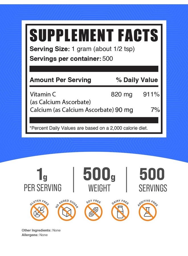 BulkSupplements.com Calcium Ascorbate Powder - Buffered Vitamin C, Calcium Supplement with Vitamin C - Gluten Free, 1g per Serving, 500g (1.1 lbs) (Pack of 1) - Image 2