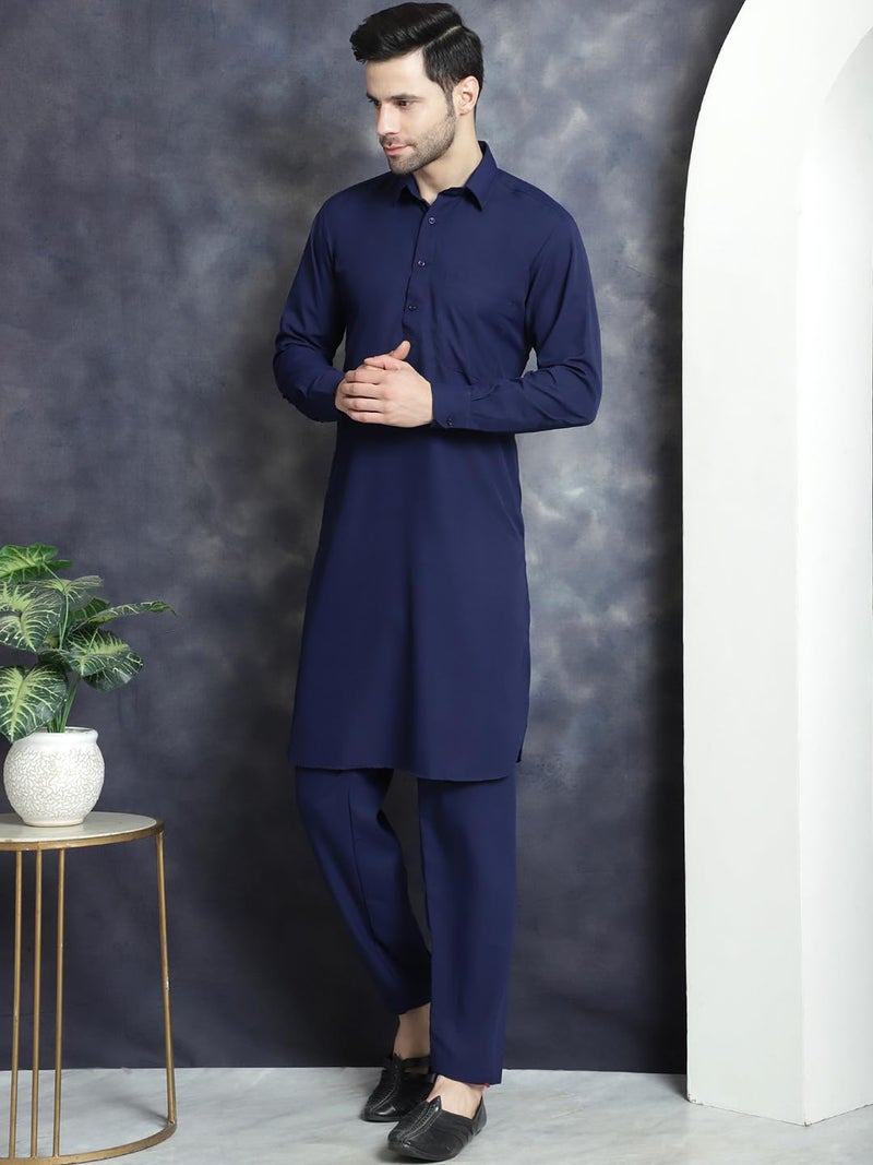 jompers قميص باثاني صلب للرجال من جومبرز مع سالوار باللون الأزرق الداكن - Image 3