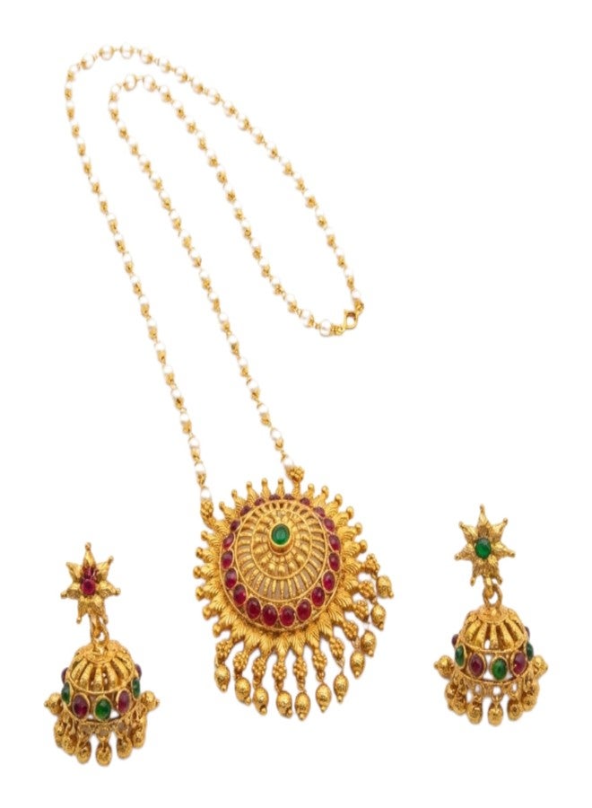 طقم عقد لؤلؤ تقليدي مطلي بالذهب من AAIKU بطول 30 بوصة | قلادة بلمسة نهائية عتيقة غير لامعة وأقراط زومكي متناسقة للنساء والفتيات، مجوهرات أنيقة - Image 1