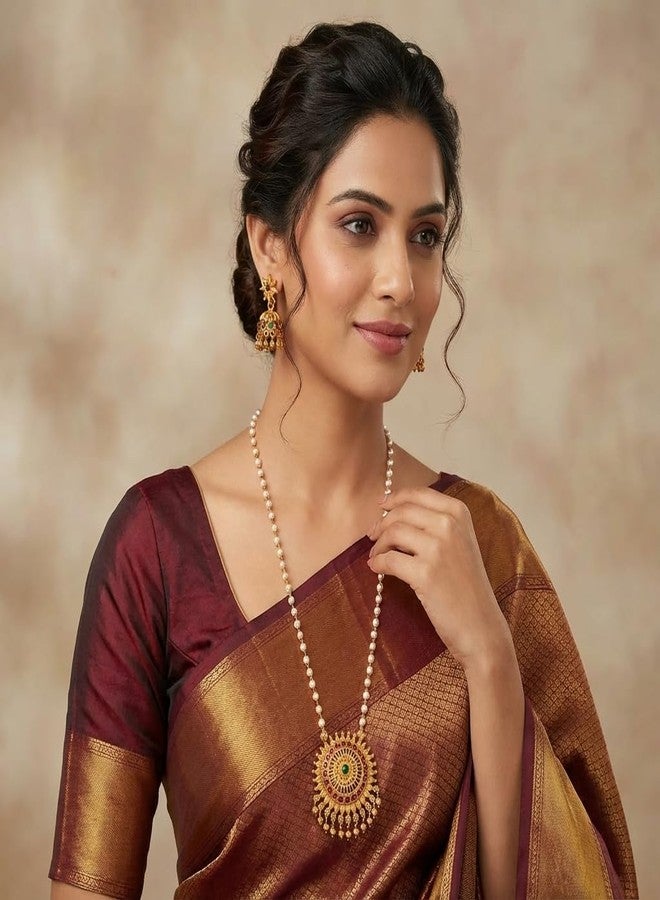 طقم عقد لؤلؤ تقليدي مطلي بالذهب من AAIKU بطول 30 بوصة | قلادة بلمسة نهائية عتيقة غير لامعة وأقراط زومكي متناسقة للنساء والفتيات، مجوهرات أنيقة - Image 5