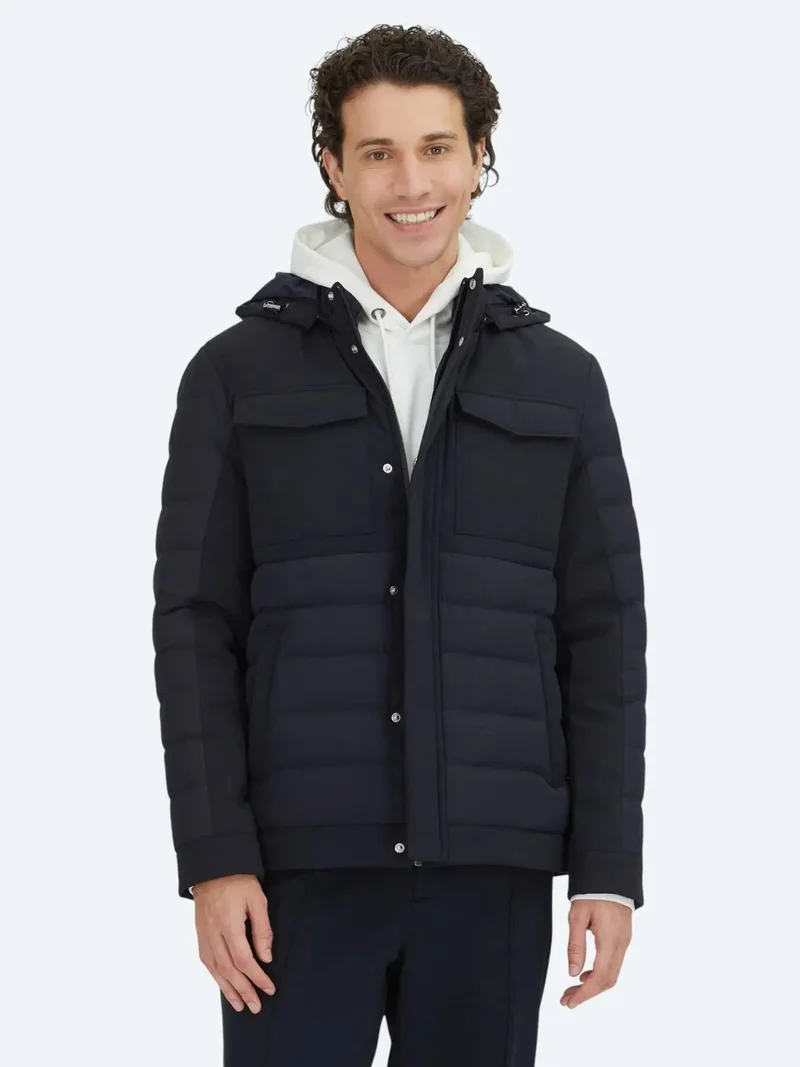 Kip Navy Blue Regular Fit Hooded Casual Weaving Coat
