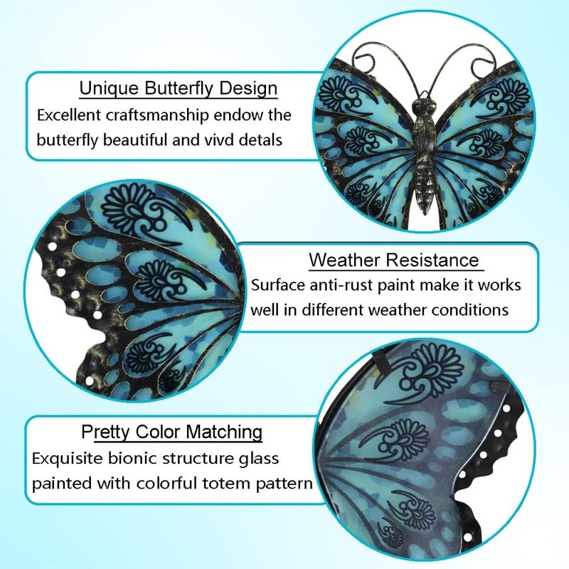 LIFFY Metal Butterfly Wall Decor Glass Outdoor Wall Art Sculptures 12" Hanging Garden Decorations Indoor Home Decorative Ornaments for Patio Yard Fence Bedroom Living Room - Image 4