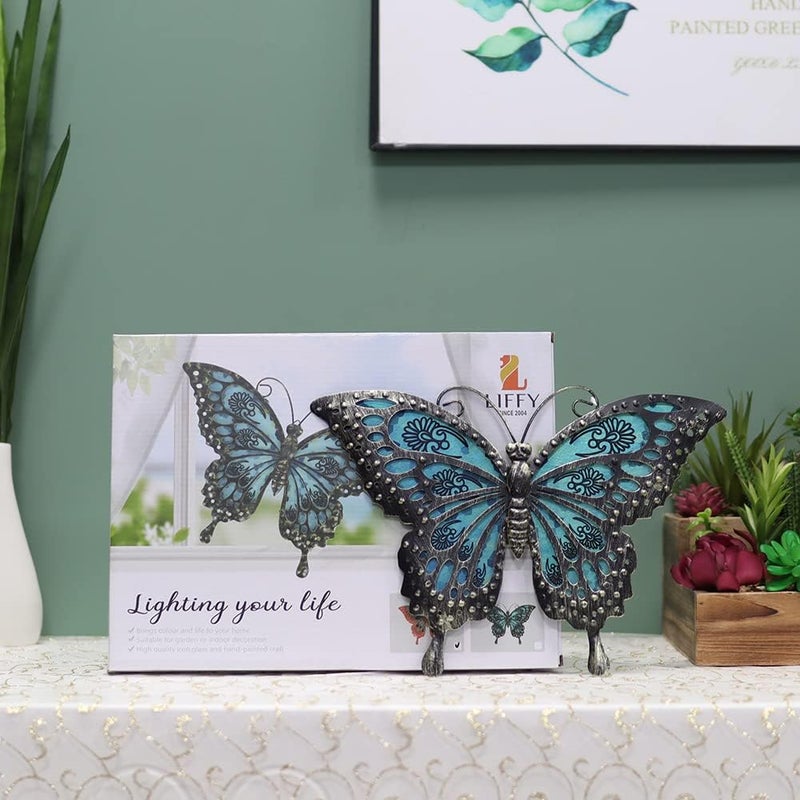 LIFFY Metal Butterfly Wall Decor Glass Outdoor Wall Art Sculptures 12" Hanging Garden Decorations Indoor Home Decorative Ornaments for Patio Yard Fence Bedroom Living Room - Image 3