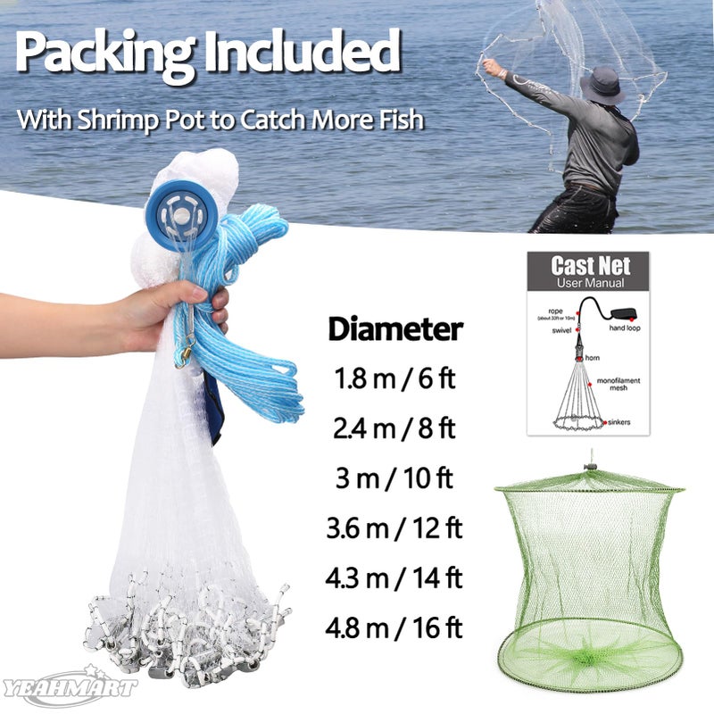 Yeahmart Handmade American Saltwater Fishing Cast Net with Heavy Duty Real Zinc Sinker Weights for Bait Trap Fish 3Ft Radius, 3/8 Inch Mesh Size - Image 3