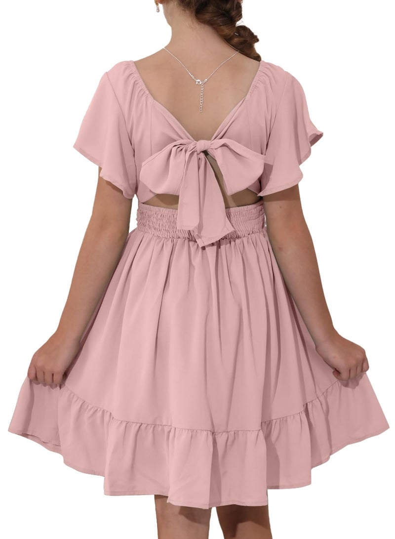 blibean Girls Summer Tie Back Dress Tween Kids Formal Boho Cold Shoulder Cute Dresses Ruffle Party Short Sleeve Clothing Vestidos NiÃ±as Size 12-13 Years Old Peachy Pink - Image 1