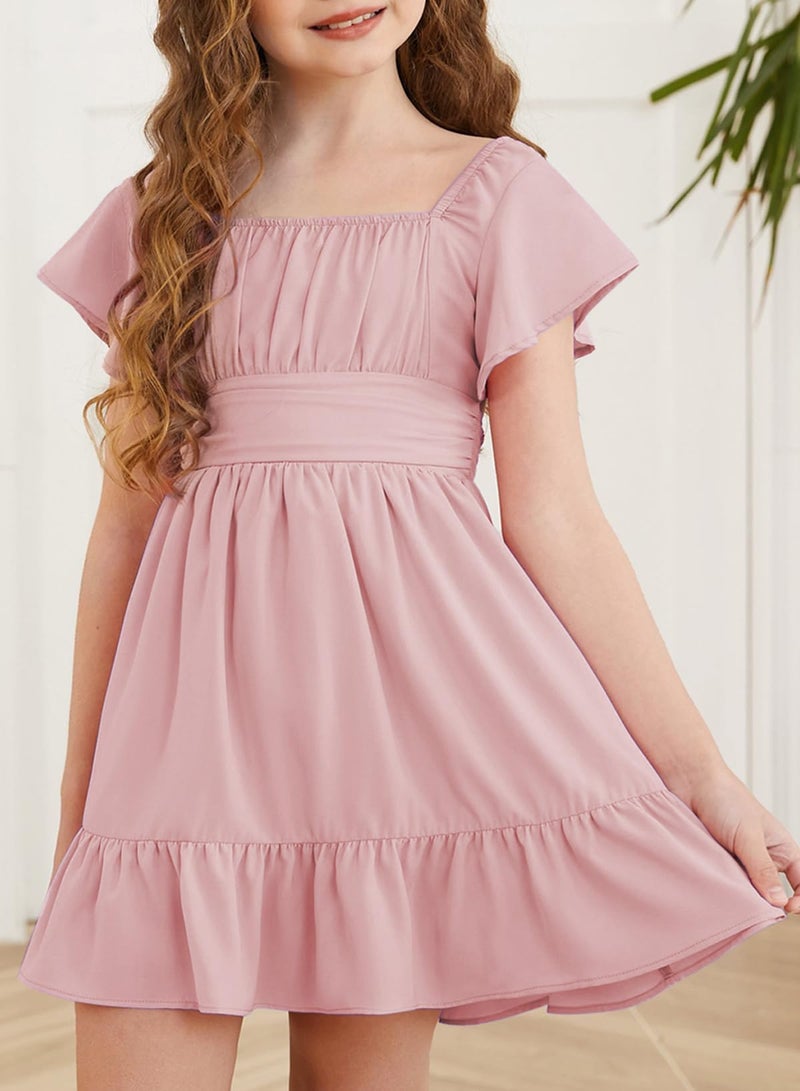 blibean Girls Summer Tie Back Dress Tween Kids Formal Boho Cold Shoulder Cute Dresses Ruffle Party Short Sleeve Clothing Vestidos NiÃ±as Size 12-13 Years Old Peachy Pink - Image 2