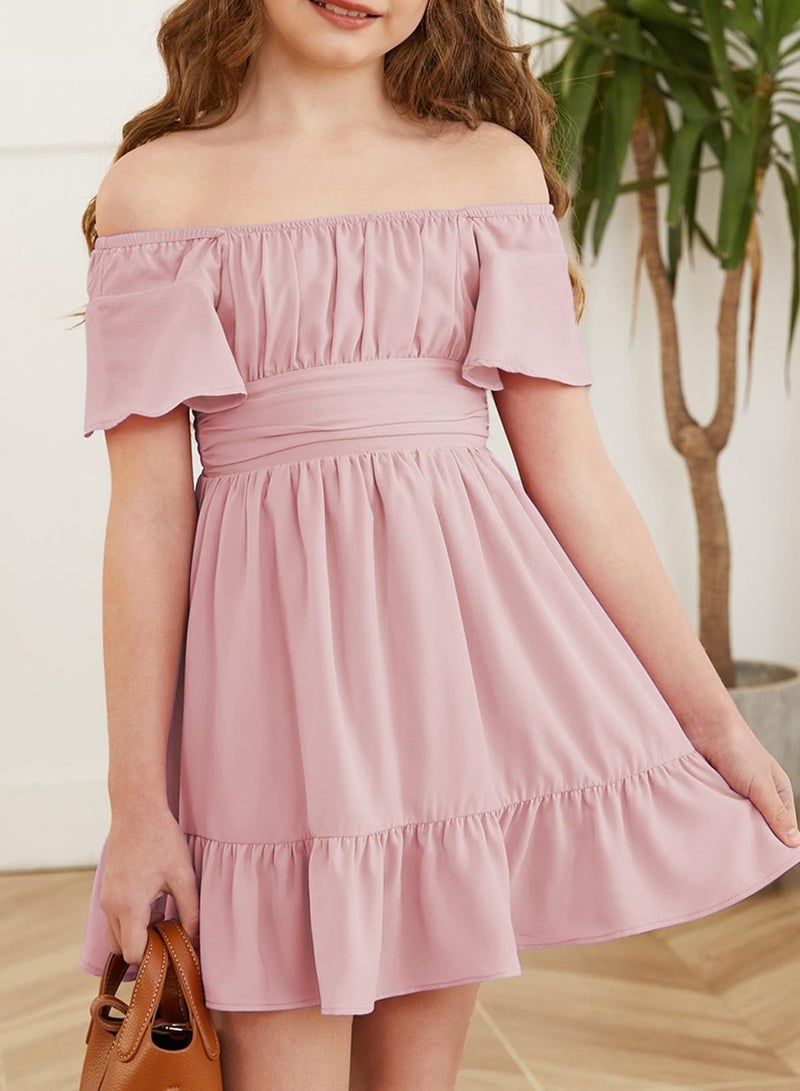 blibean Girls Summer Tie Back Dress Tween Kids Formal Boho Cold Shoulder Cute Dresses Ruffle Party Short Sleeve Clothing Vestidos NiÃ±as Size 12-13 Years Old Peachy Pink - Image 4