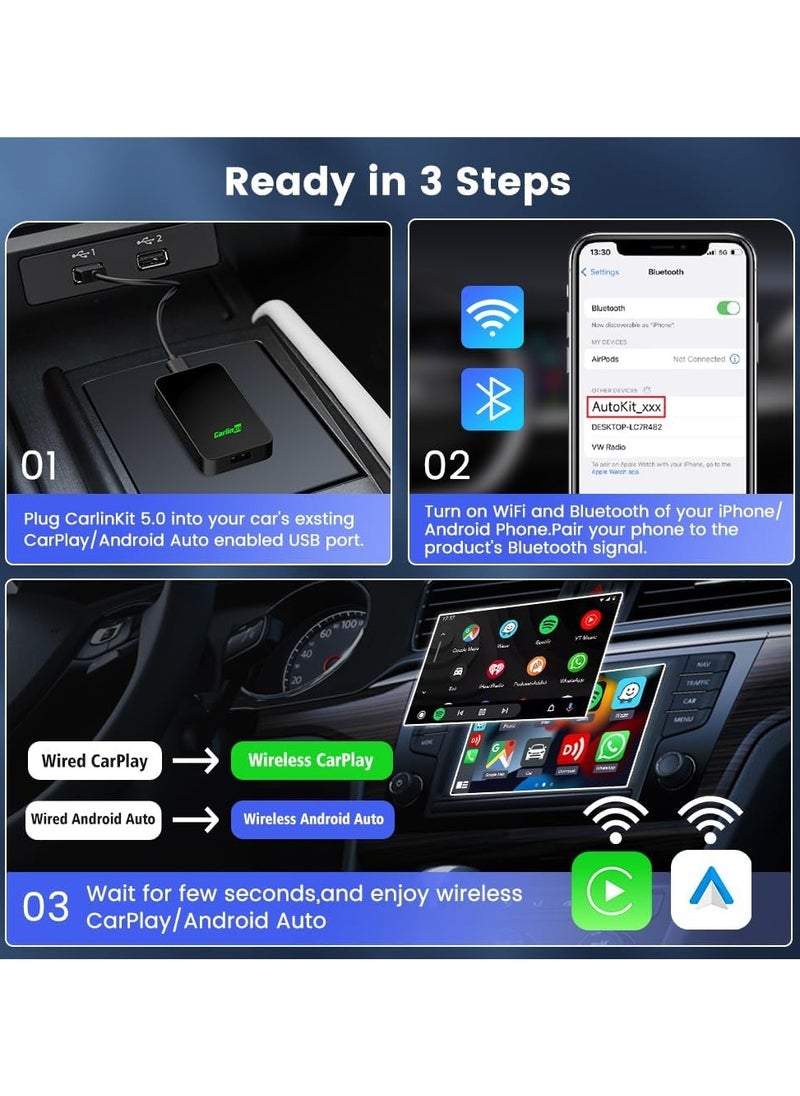 Carlinkit Carlinkit 5.0 Wireless 2 in 1 Adapter, Suitable for Cars with Built in Apple CarPlay and Android Auto, Convert Wired carplay to Wireless carplay, Wired Android Auto to Wireless Android Auto  - Image 4
