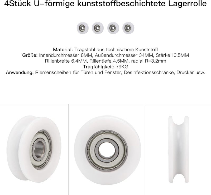 CNBTR 4PCS U Type Groove Plastic Guide Bearing Pulley Wheel 34mm Outer Diameter 8mm Shaft Hole for Max-Load 79kg, Sliding Door Window Roller, Office Equipment Roller - Image 2