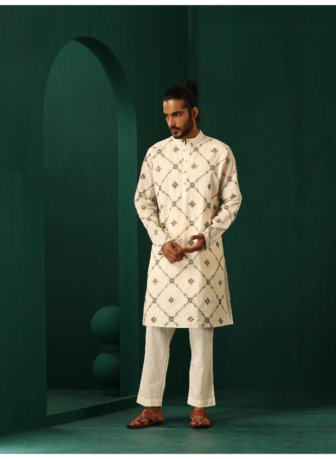 trueBrowns Men's Ivory Rhombus Cotton Kurta  - Image 2