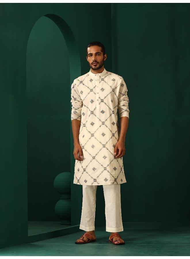 trueBrowns Men's Ivory Rhombus Cotton Kurta  - Image 3
