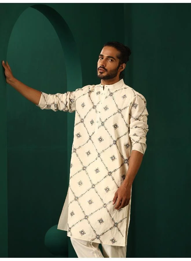trueBrowns Men's Ivory Rhombus Cotton Kurta