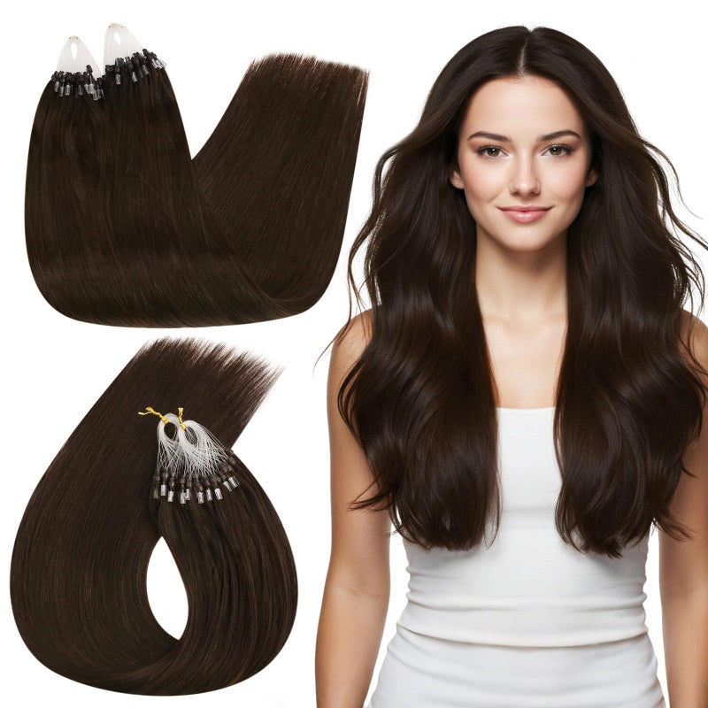 Ugeat Dark Brown Micro Link Hair Extensions for Thicker Dark Brown Micro Loop Real Human Hair Extensions Hidden Micro Bead for Women to Add Length and Volumen 22 Inch 50S 50G