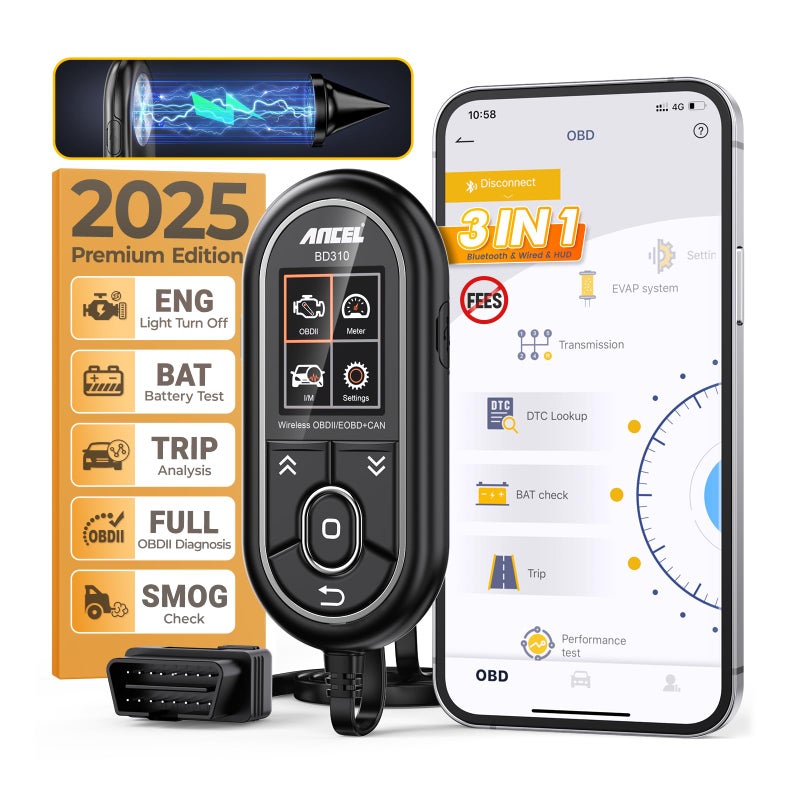 Ancel ANCEL BD310 OBD2 Scanner Diagnostic Tool 3 in 1 OBD2 Scanner Bluetooth App Based OBDII Scan Tool for Android iPhone Check Engine Light Code Reader Wired Bluetooth and Headsup Display