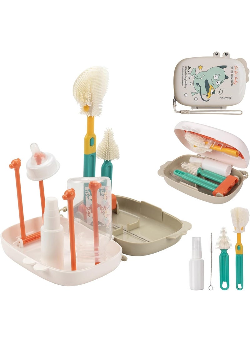 NANAO Travel Bottle Cleaner Kit: 8-in-1 Baby Bottle Drying Rack & Cleaner Brush Set - with Extendable Silicone Bottle Brush - Portable Travel Baby Bottle Cleaning Kit with Carrying Case (White) - Image 1