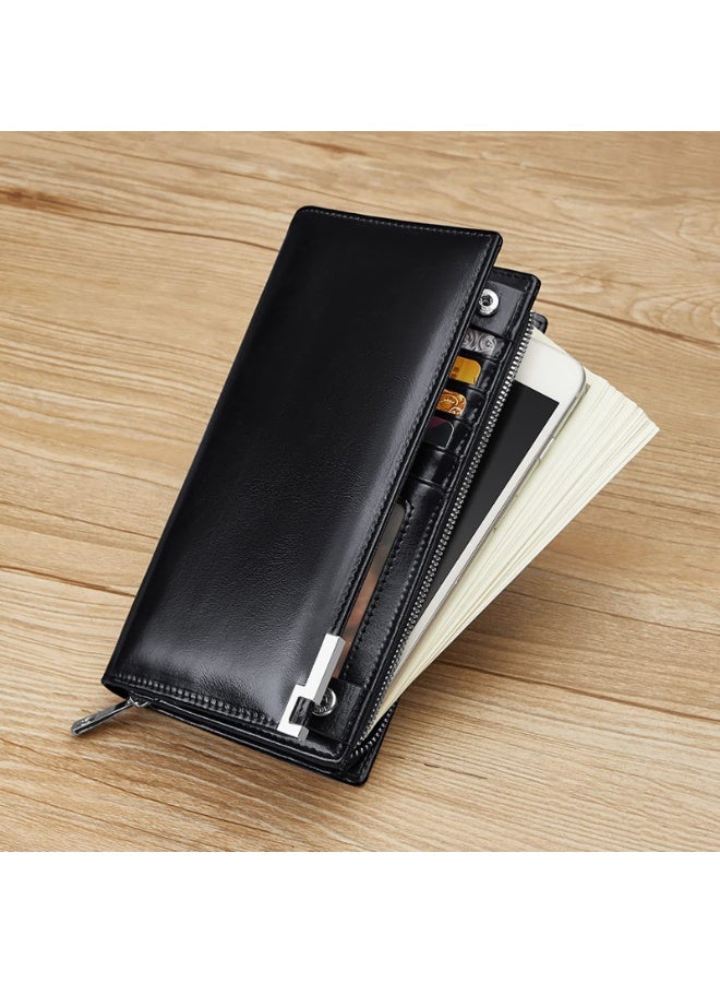 Generic Long Wallet for Men with Zipper Leather Genuine Large Capacity Checkbook Clutch Purse for Travel Business Black  - Image 4