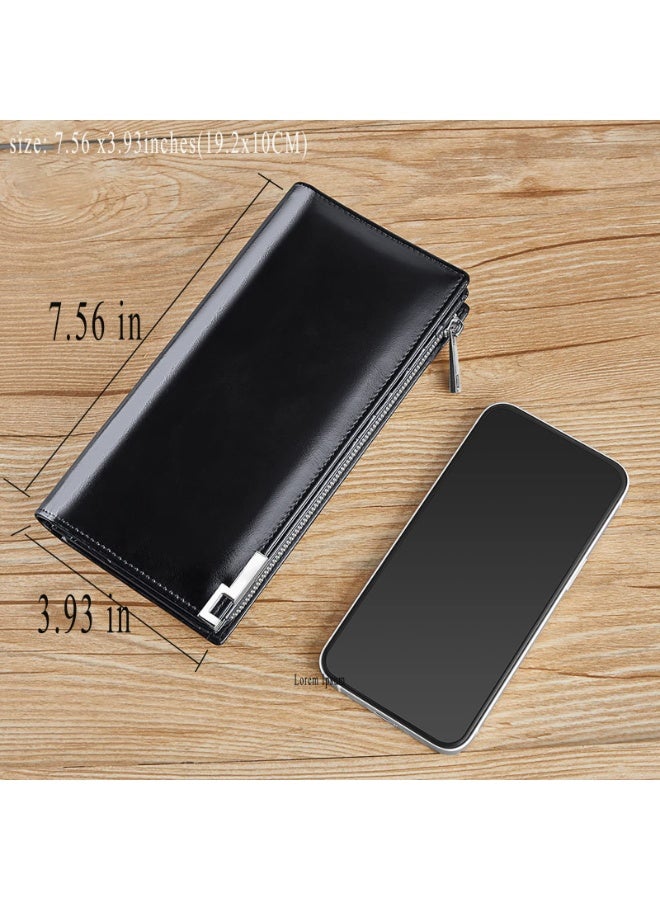 Generic Long Wallet for Men with Zipper Leather Genuine Large Capacity Checkbook Clutch Purse for Travel Business Black  - Image 2