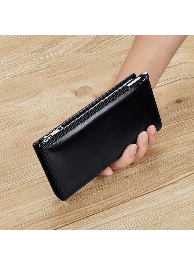 Generic Long Wallet for Men with Zipper Leather Genuine Large Capacity Checkbook Clutch Purse for Travel Business Black  - Image 5